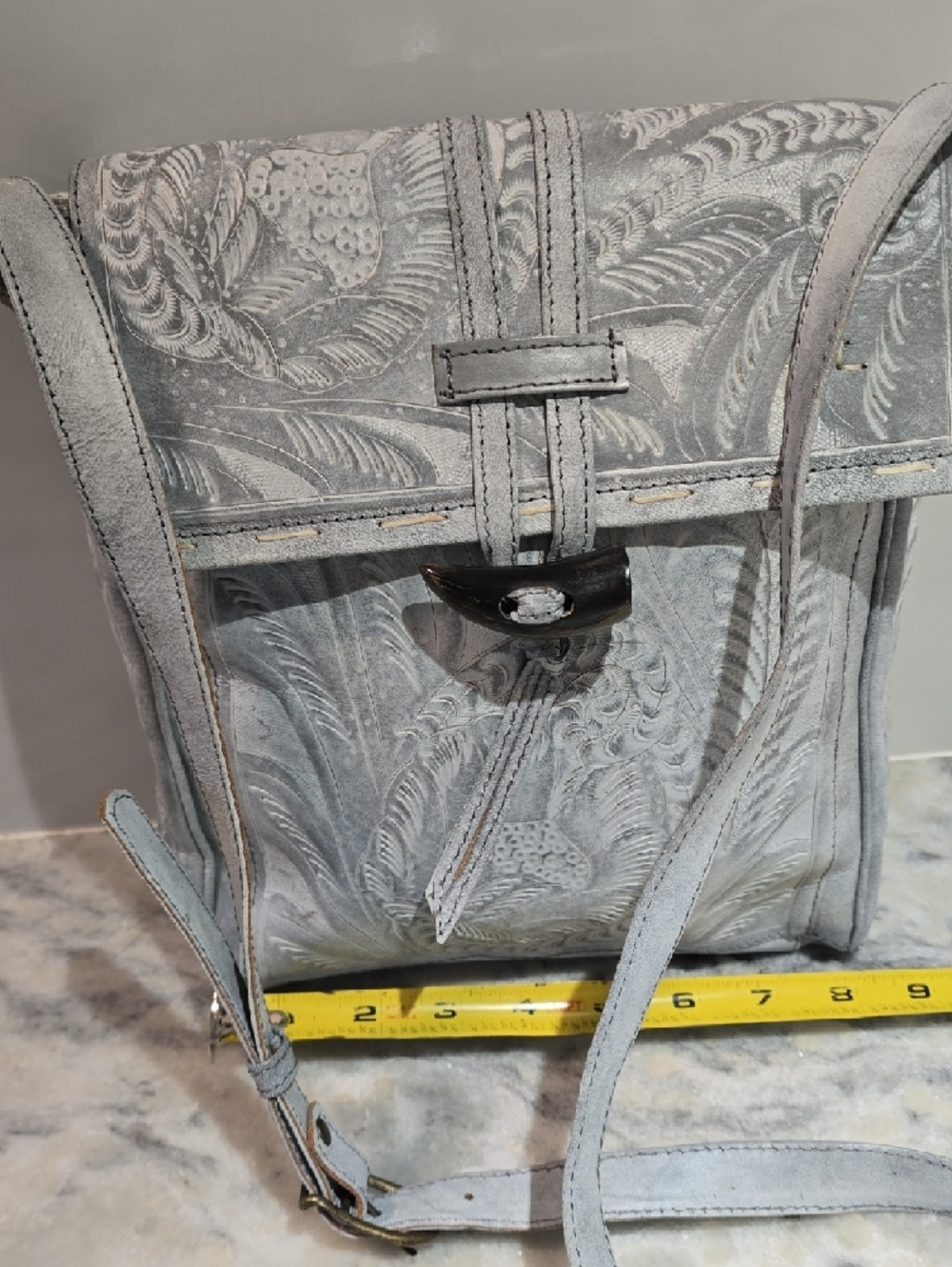 Women's Embossed Leather Crossbody Bag in Light Gray - Picture 3 of 17